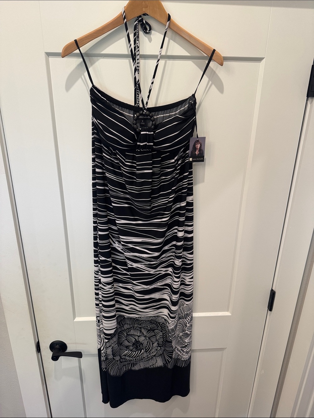 Valerie Bertinelli Black and White Striped Halter Maxi with Floral Border